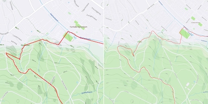 Left: the Strava recorded route with standard settings; right: with «improved accuracy».
