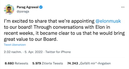 Gemeinsam mit Twitter-CEO Parag Agrawal will Elon Musk «wichtige Verbesserungen» für den Kurznachrichtendienst bringen.