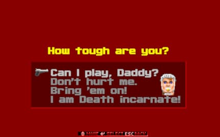 Die Wahl der Schwierigkeitsgrade untermauert «Wolfenstein 3D» treffend mit dem dazu passenden Konterfei von BJ Blazkowicz. Diese Darstellungsform übernahm id Software auch für Doom.