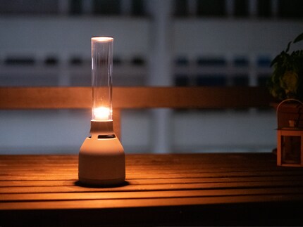 On the balcony, the speaker gives off a cosy light.