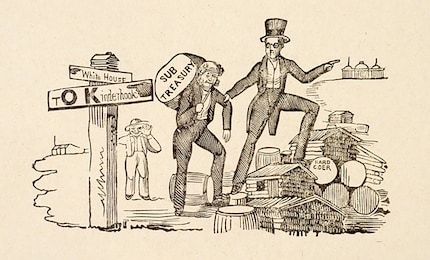 Politischer Comic, der den schweren Weg zur Wiederwahl von Van Buren darstellt.