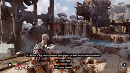 Mit den Richtungspfeilen in den Untertiteln sehe ich, woher die Umgebungsgeräusche kommen und wo mein Begleiter Atreus sich gerade befindet.