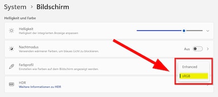Das Farbprofil sRGB stellt die Farben besser dar als die Voreinstellung Enhanced.