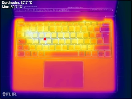 Das Gehäuse ist nach neun Minuten Multi-Core-Cinebench an der wärmsten Stelle 50,7 °C warm.