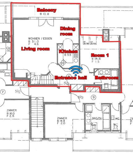 The lower loft floor. Blue Wi-Fi icon: location of the satellite