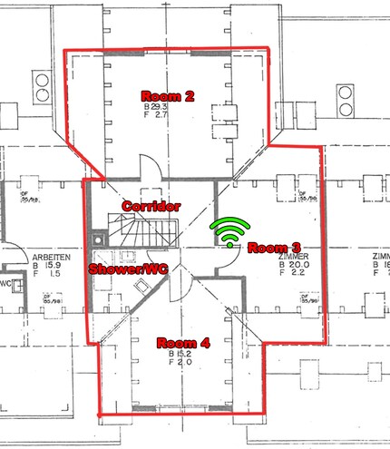 The upper loft floor. Wi-Fi icon in green: router location