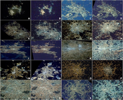 Diese Bilder aus der ISS zeigen die Verschiebungen der Lichtspektren in der nächtlichen Beleuchtung verschiedener europäischer Städte. Gibraltar/Algeciras in (A) 2012 und (B) 2020, Amsterdam in (C) 2012 und (D) 2016, Birmingham in (E) 2013 und (F) 2020, Brüssel in (G) 2013 und (H) 2019, Dublin in (I) 2012 und (J) 2014, London in (K) 2012 und (L) 2020, Madrid in (M) 2012 und (N) 2017, Mailand in (O) 2012 und (P) 2015, Paris in (Q) 2012 und (R) 2020 und Rom in (S) 2012 und (T) 2020.