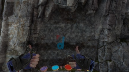 Ik heb dit Digitec-logo in «Horizon: Call of the Mountain» met mijn virtuele vingers getekend. Ik geef het een «thumbs up».