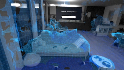 Zo ziet mijn VR-headset de bank en de rest van de woonkamer. Hoe meer blauwe polygonen zichtbaar zijn, hoe beter.