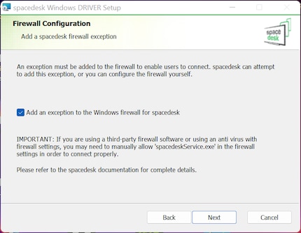 Omdat de uitzonderingsregel voor de Windows firewall automatisch wordt aangemaakt, is het installeren van Spacedesk heel eenvoudig.
