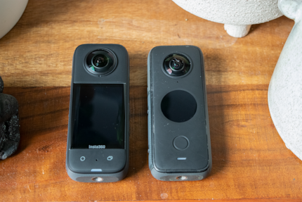 The Insta360 X3 on the left is easier to use on the large square screen than the Insta360 One X2 on the right with its round small display.