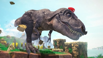 Mario kan met zijn hoed zelfs in een dinosaurus veranderen. Leuk.