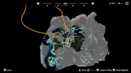 De wereld in «Burning Shores» is kleiner dan in «Forbidden West». Je kunt op elk moment heen en weer reizen tussen de twee maps.