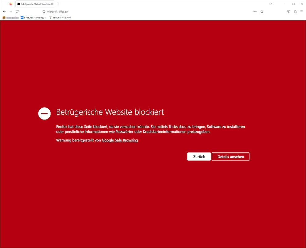 Google Safe Browsing hat die Website microsoft-office (.) zip bereits als betrügerisch erkannt.