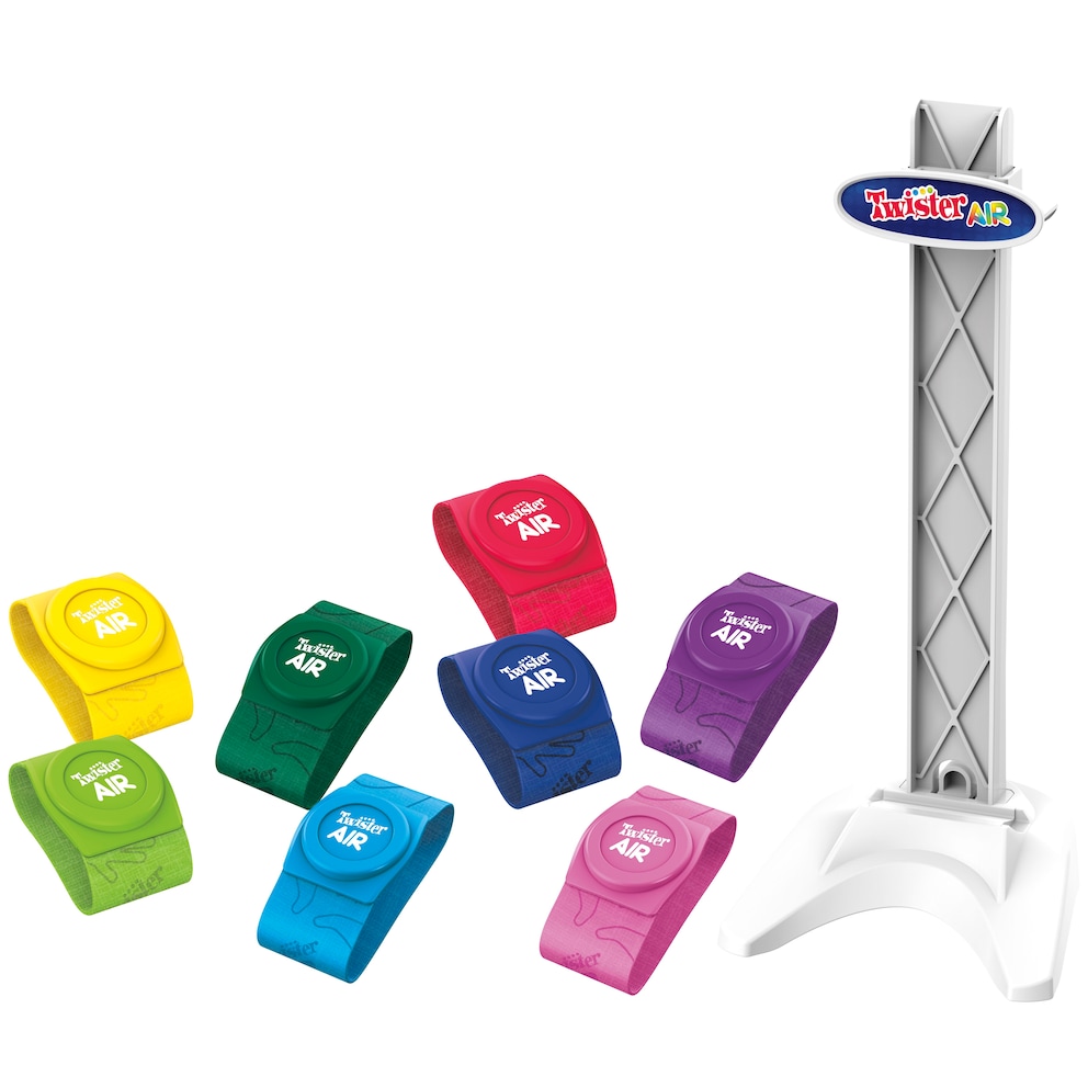 Das Spiel Twister Air enthält zwei Sätze von vier dehnbaren Armbändern  für Knöchel und Handgelenke sowie einen verstellbaren Ständer, der ein Smartphone oder Tablet während des Spiels hält.