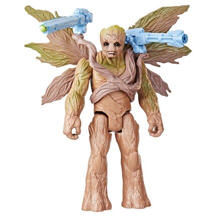Die 29 Zentimeter große Groot-Actionfigur hat abnehmbare Flügel, Wurzelarme und einen Blaster mit einem Projektil