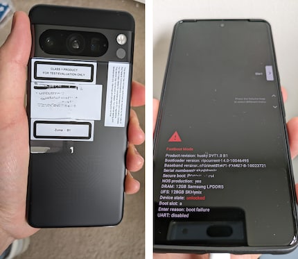 De vermeende Google Pixel 8 Pro met stickers op de achterkant. Ondanks de beschermhoes zijn de onronde randen van het display aan de voorkant te zien.
