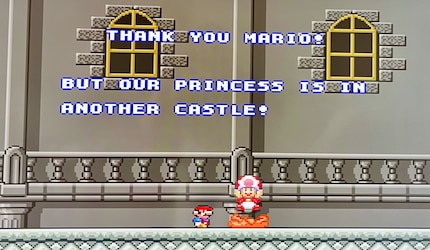 Maar onze prinses zit in een ander kasteel! Bedankt voor niets, Toad.