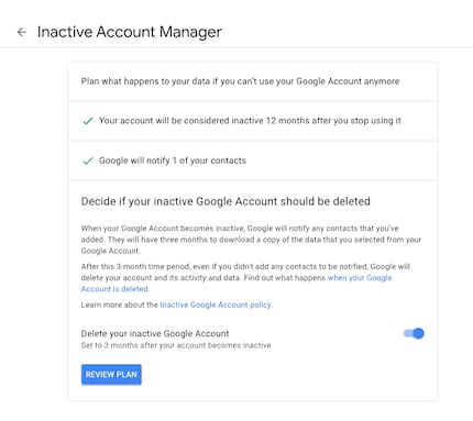  Google heeft een functie waarmee een account automatisch wordt verwijderd als het een bepaalde periode inactief is geweest. Je bepaalt zelf hoe lang deze periode is.