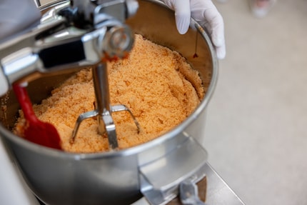 The mixer blends the mousse and salt to a homogeneous mass.