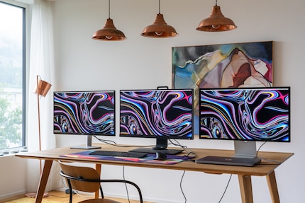 Drei 27-Zöller mit verschiedenen Auflösungen: Links ein Dell S2721DS mit 1440p, in der Mitte ein BenQ SW271 mit 4K und rechts das Apple Studio Display mit 5K.