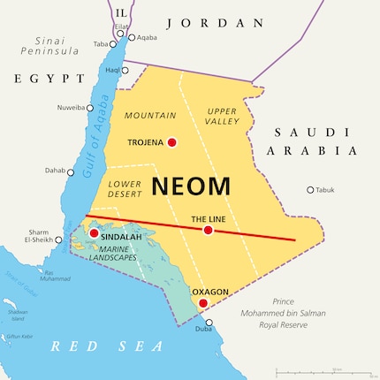 The planned smart city «The Line»: The planned city »The Line« is to be built in the Saudi Arabian region of Neom. Construction work began in October 2022.