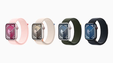 Die Apple Watch Series 9 in vier ihrer Farben mit unterschiedlichen Armbändern