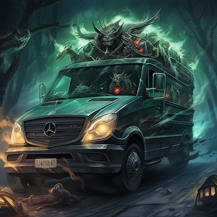 A Mercedes Benz in the style of Magic The Gathering with Goblins as drivers.