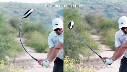 bestaande gestapelde sensoren zoals de Sony A9 II (rechts) vervormen snelle bewegingen al minder dan normale sensoren (links). Maar de golfclub is nog steeds een beetje scheef. Met de global shutter zou hij kaarsrecht zijn.