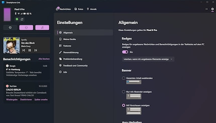 De meldingen en audiobediening verschijnen aan de linkerkant.
