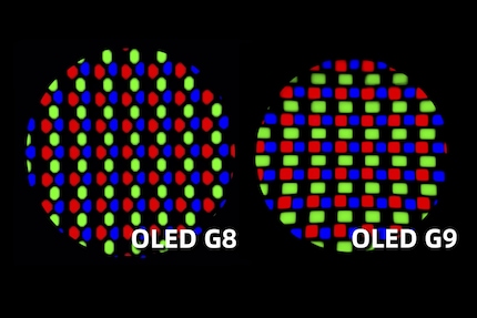 Das neue QD-OLED-Subpixelmuster (rechts) verbessert die Textschärfe gegenüber dem alten (links).