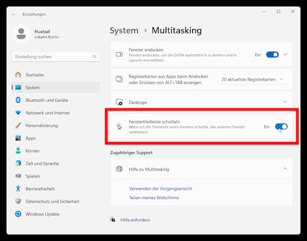 Hier aktivierst du die «Fenstertitelleiste schütteln»-Option.