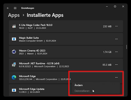Edge auf normalem Weg deinstallieren oder deaktivieren geht mit aktuellstem Windows 11 nicht mehr. Auch diese Option ist ausgegraut.