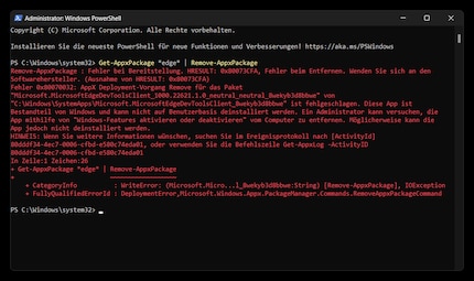 Edge mit Windows PowerShell deinstallieren geht ebenfalls nicht mehr.