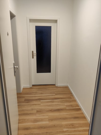 A view of the empty hallway from the front door.