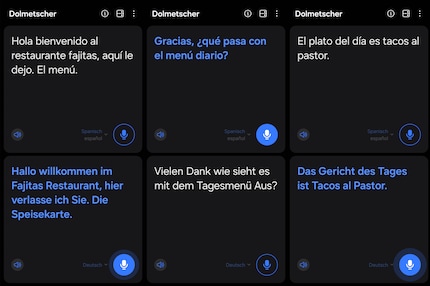 Die Dolmetscher-App ist praktisch, macht aber noch einige Fehler. Die weisse Schrift zeigt jeweils das Gesagte, blau ist die Übersetzung.