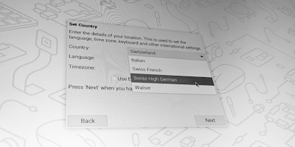 Screenshots werken alleen onder Raspberry Pi OS na de installatie, dus deze foto moet worden gebruikt. Zoals je kunt zien zijn er Italiaans, Zwitsers Frans, Zwitsers Hoogduits en Walser in Zwitserland. Walser?