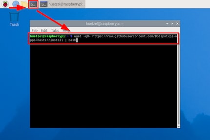 To install Pi-Apps, open the terminal, enter the command and confirm with Enter.