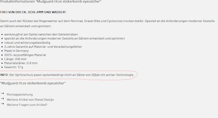 Funktioniert scheinbar bei allen Sätteln, ausser bei einem SQlab mit active-Technologie.