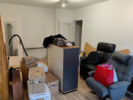 A view of the living room, shortly after I had to move some of my furniture from storage into the living area.