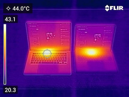 Op het heetste punt wordt de behuizing van de MacBook Air heter dan 40 graden onder belasting - gelukkig alleen aan de achterkant en niet op de palmsteunen.