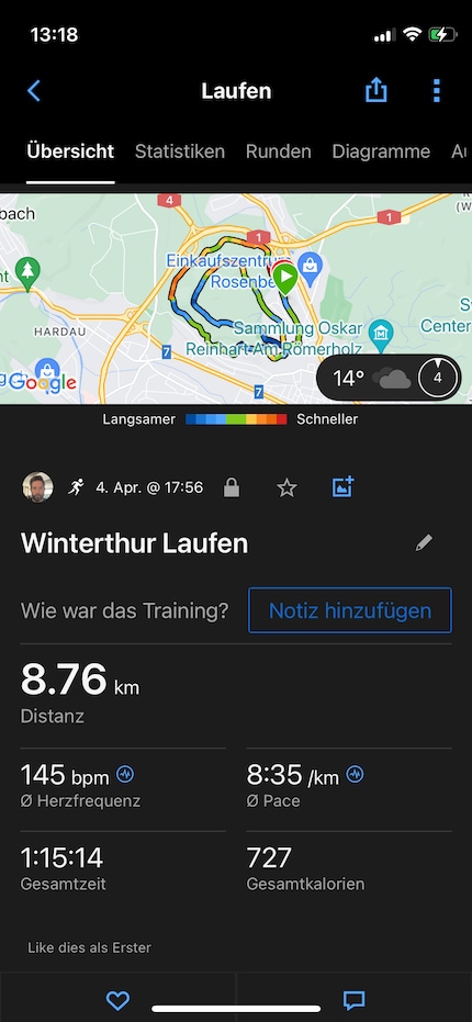 Gehts bergauf, wird die Route blau, sprich mein Lauftempo sehr langsam.