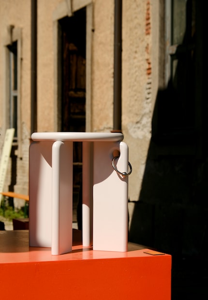 Pierced Stool by Gregor Jahner | MDF, stainless steel | 37 × 37 × 43cm.