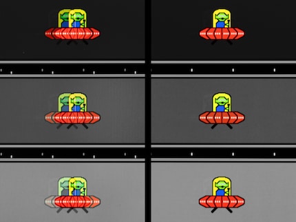 Opnamen van bewegende objecten. Op het OLED beeldscherm (rechts) veranderen de pixels zo snel van toestand dat er nauwelijks ghosting optreedt. Heel anders dan bij het mini LED-scherm (links).