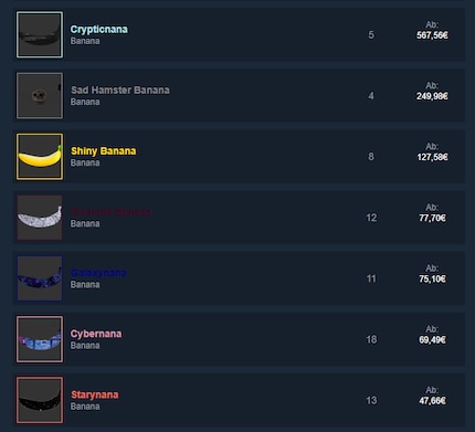 Die teuersten, derzeit angebotenen «Banana»-Skins auf dem Steam-Marktplatz.