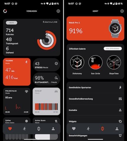 Die Übersichtsseiten der App zu Gesundheitsdaten und der verbundenen Smartwatch.