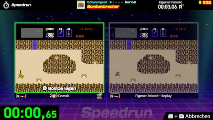 Tijdens een speedrun kan ik rechts optioneel een herhaling van mijn beste prestatie zien.