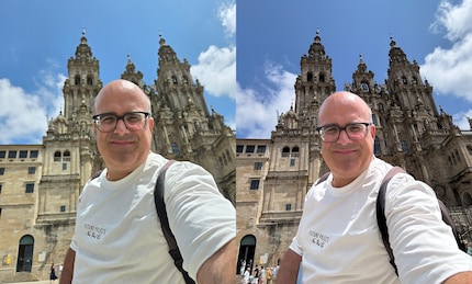 The Flip (left) and the iPhone (right) in a selfie comparison.