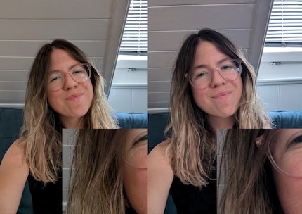 Een selfie, links met de Google Pixel 9 Pro en rechts met de Google Pixel 8.