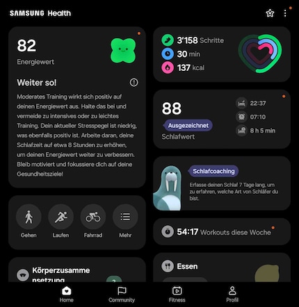 In het Samsung Health dashboard zie ik al mijn gegevens duidelijk en met uitleg.